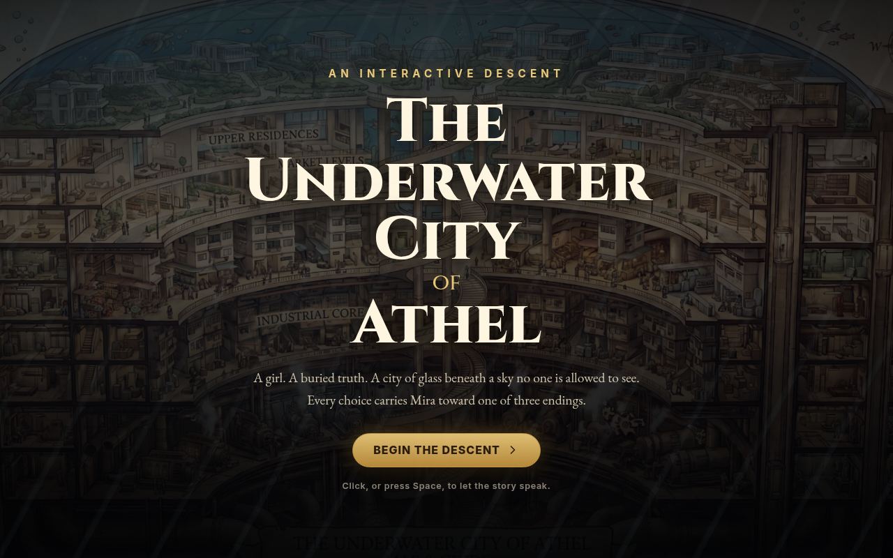 Title screen of The Underwater City of Athel, an illustrated cutaway of a city under a glass dome