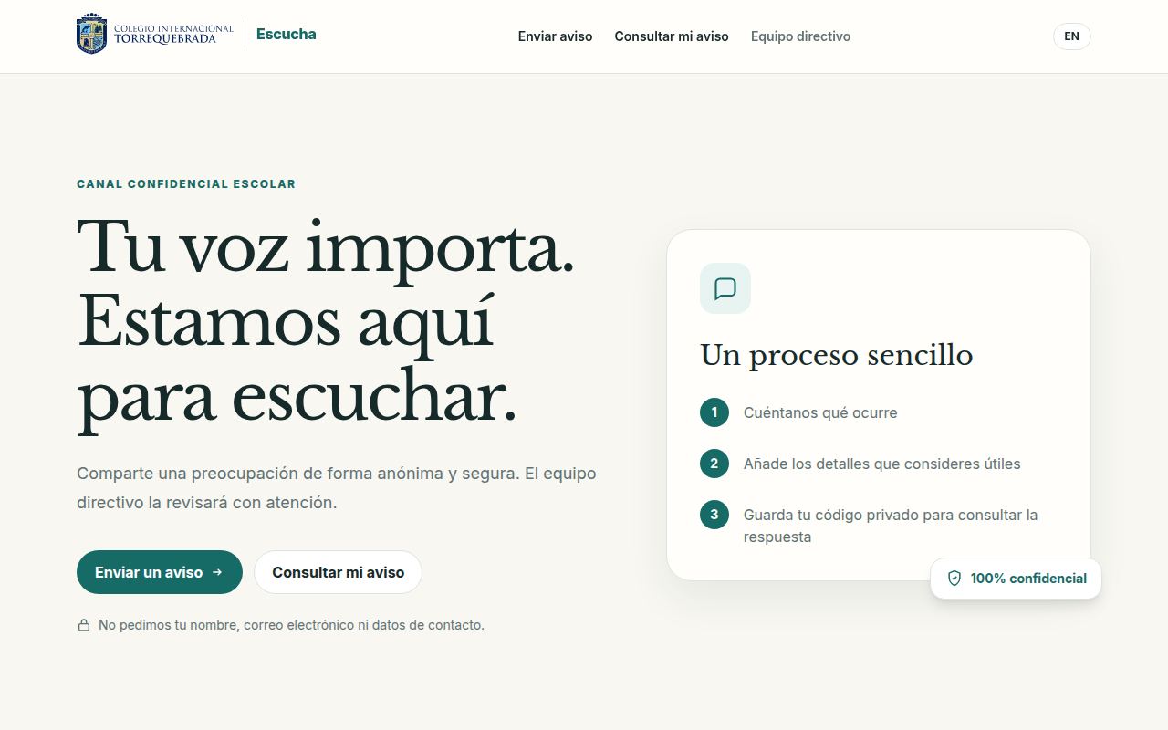 Escucha home page for Colegio Internacional Torrequebrada, in Spanish, explaining how to send a confidential report in three steps